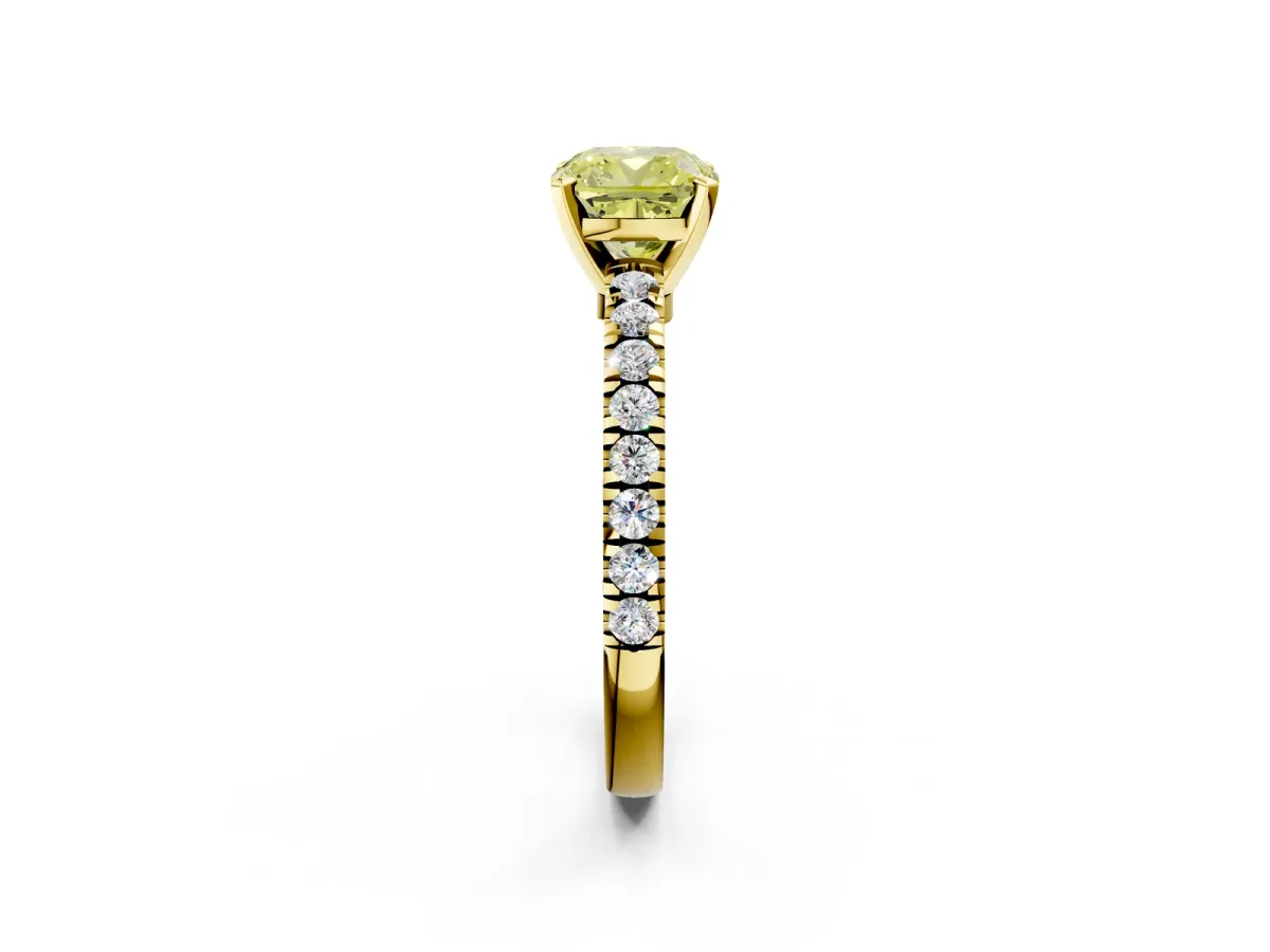 Fancy Yellow Cushion Cut Solitaire Diamond with Pavé Band and Four-Prong Setting Yellow gold
