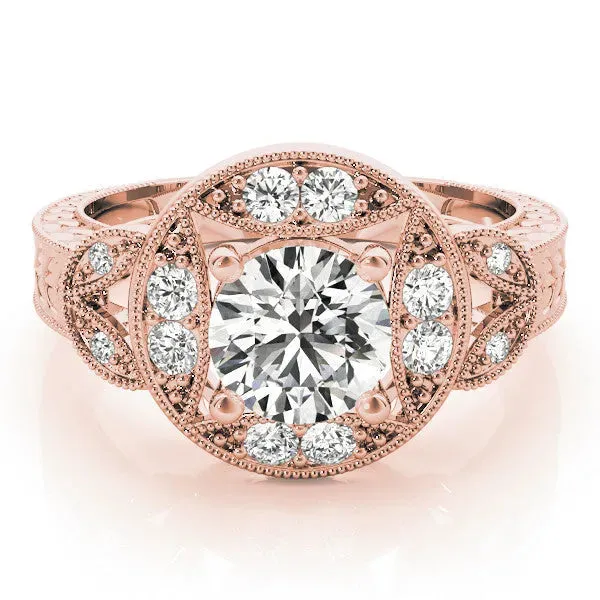 Round Cut Halo Milgrain Diamond Engagement Ring with Leaf Band and Four-Prong Setting Rose gold