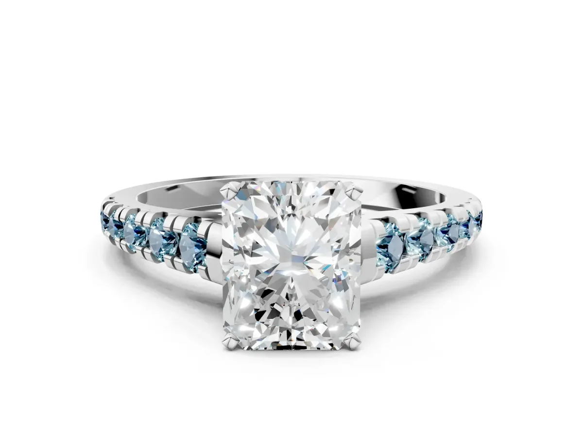 Radiant Cut Diamond Cathedral Solitaire Ring with Round Aquamarine Pavé Band White gold