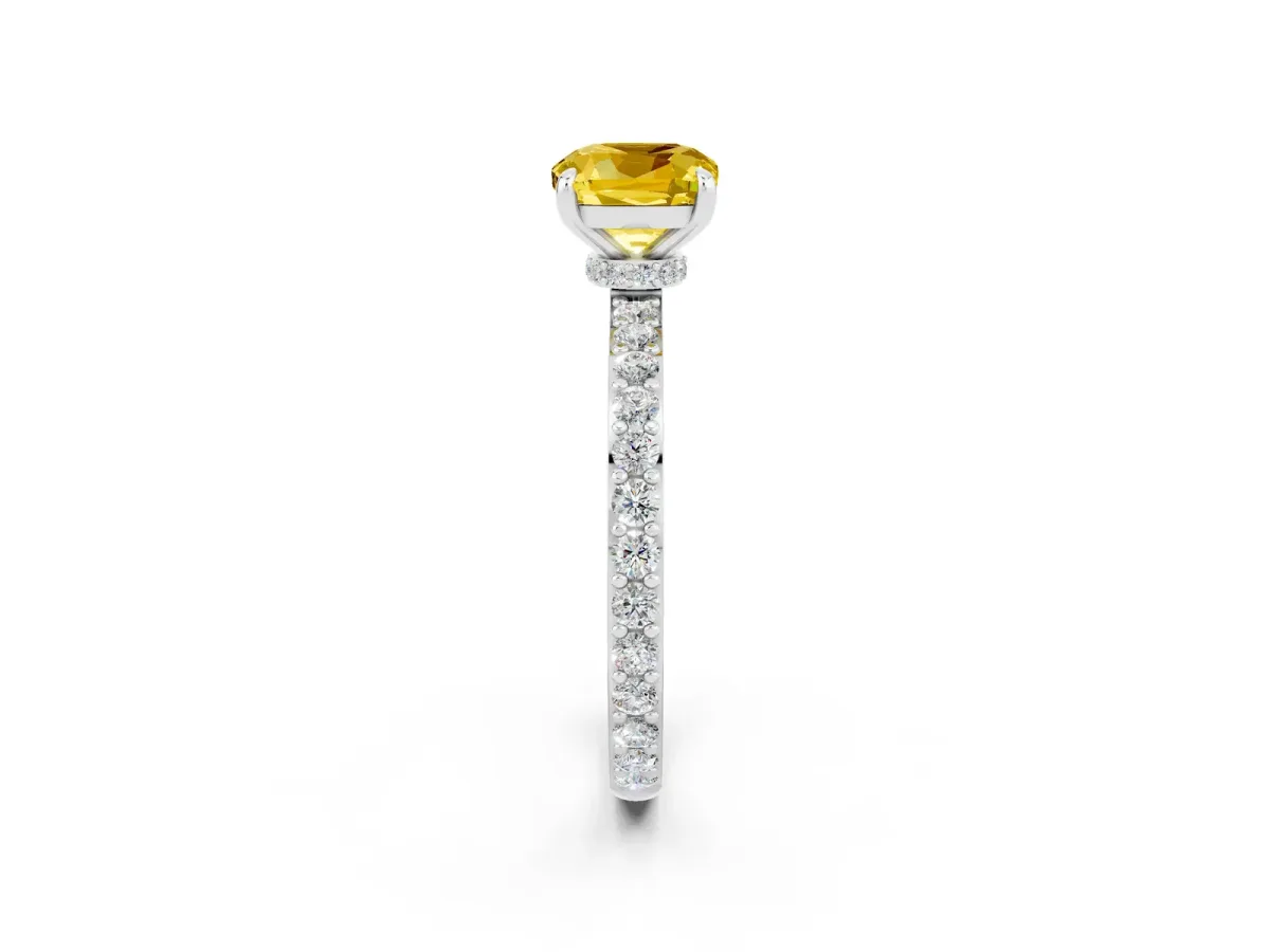 Cushion Cut Yellow Sapphire Solitaire Engagement Ring with Pavé Band and Four-Prong Setting White gold