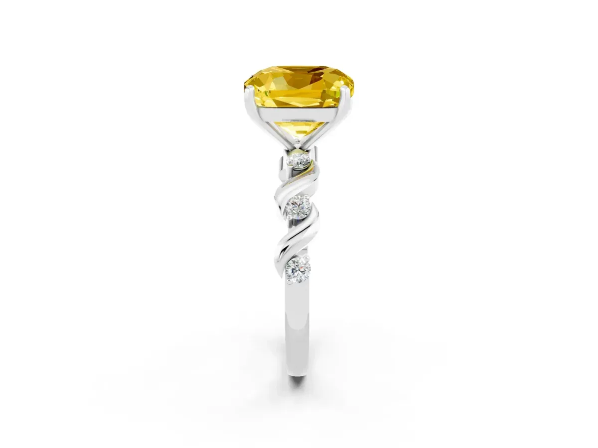 Cushion Cut Yellow Sapphire Solitaire Twisted Band with Round Accents and Prong Setting Platinum