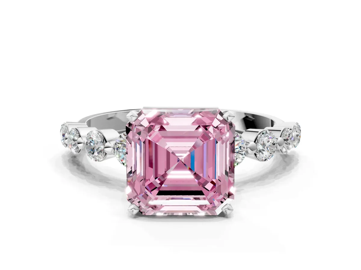 Fancy Pink Asscher Cut Solitaire Diamond Ring with Pave Band and Four-Prong Setting Platinum