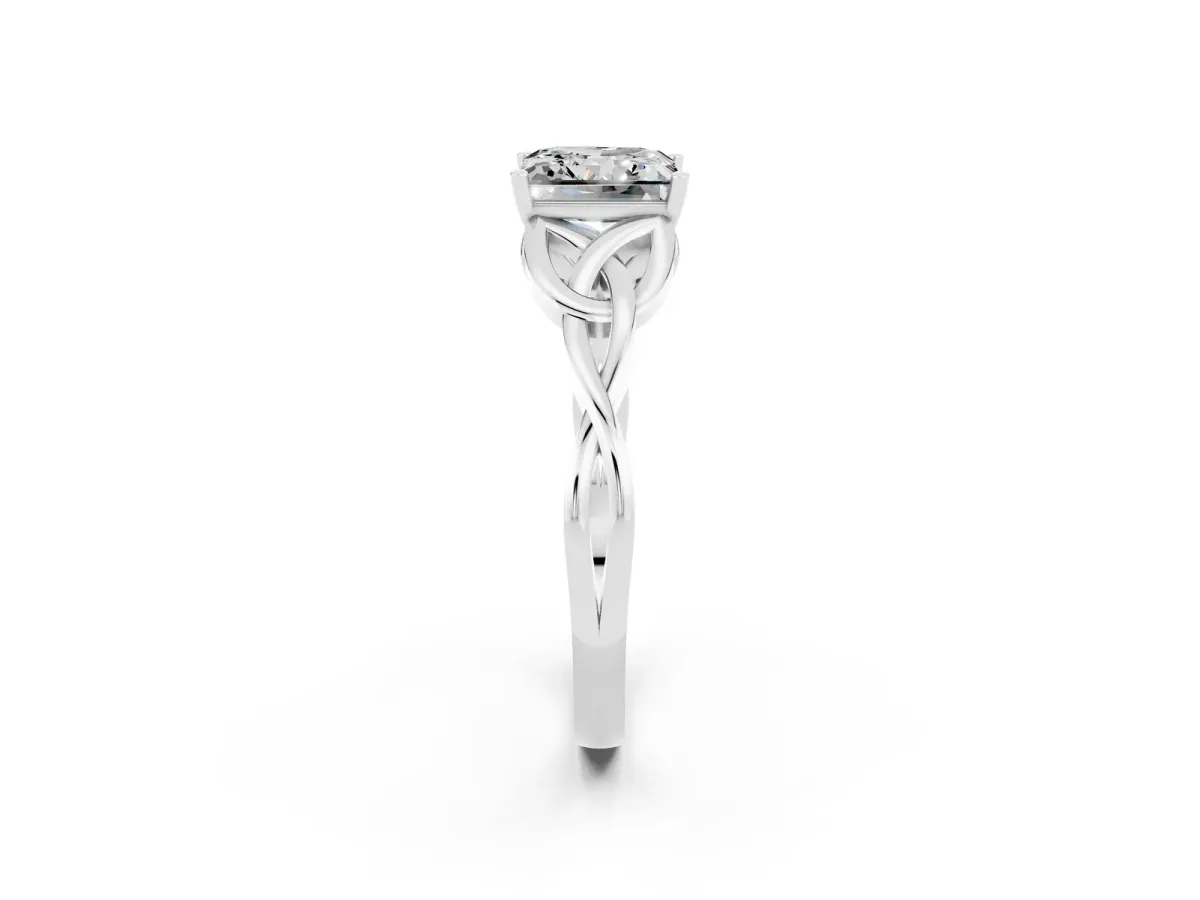 Princess Cut Moissanite Solitaire Engagement Ring with Celtic Knot Band and Four-Prong Setting White gold