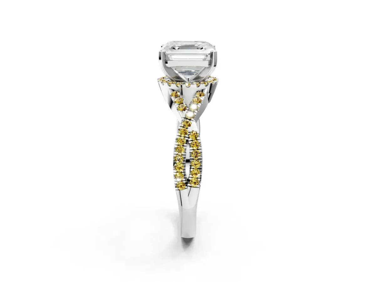 Asscher Cut Diamond Yellow Sapphire Halo Twist Band Solitaire Prong Setting Ring White gold