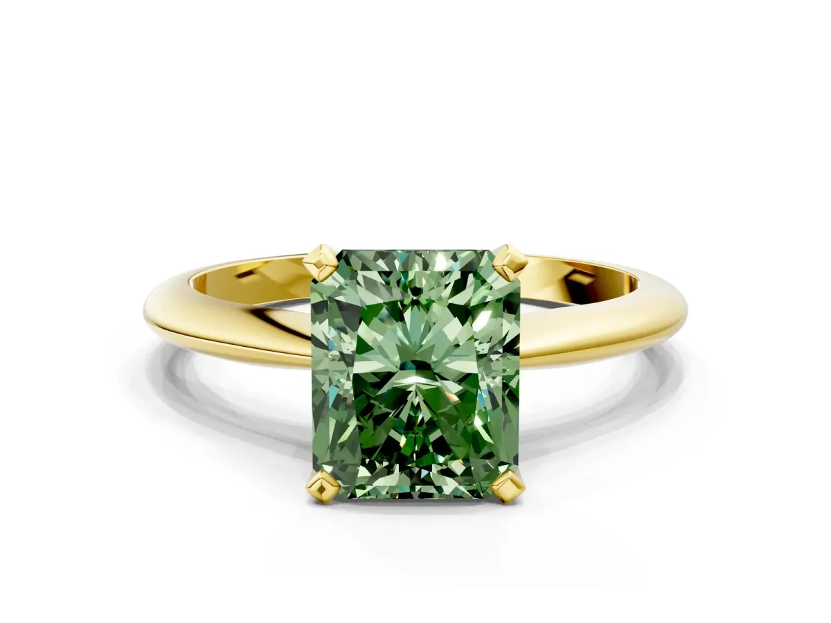 Fancy Green Radiant Cut Diamond Solitaire Engagement Ring with Classic Band and Four-Prong Setting Yellow gold