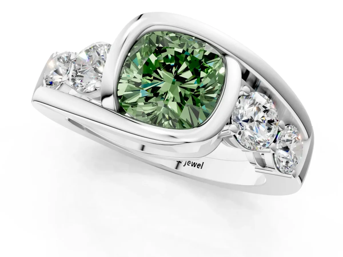 Fancy Green Bezel Set Cushion Cut Diamond Bypass Ring with Round Accents Silver