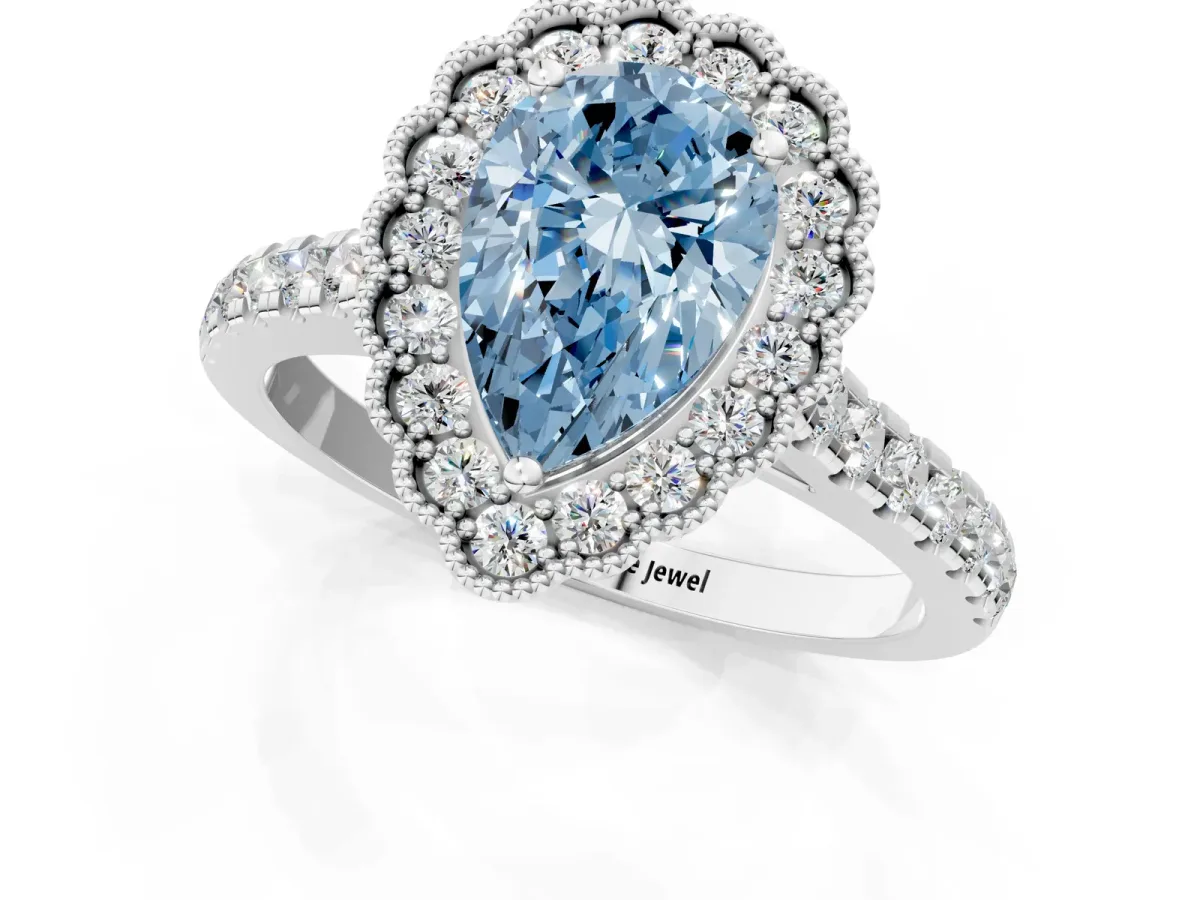 Fancy Blue Pear Cut Cut Diamond Milgrain Floral Halo Engagement Ring with Pavé Band Silver