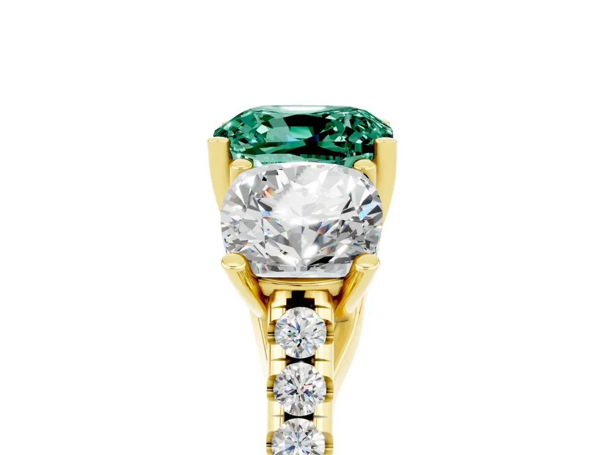 Three-Stone Cushion Cut Green Sapphire Ring with Round Pavé Band and Prong Setting Yellow gold