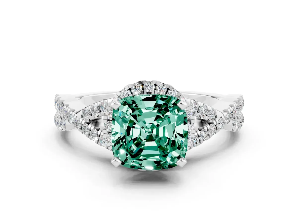 Cushion Cut Green Sapphire Halo Twist Band Solitaire Prong Setting Ring White gold