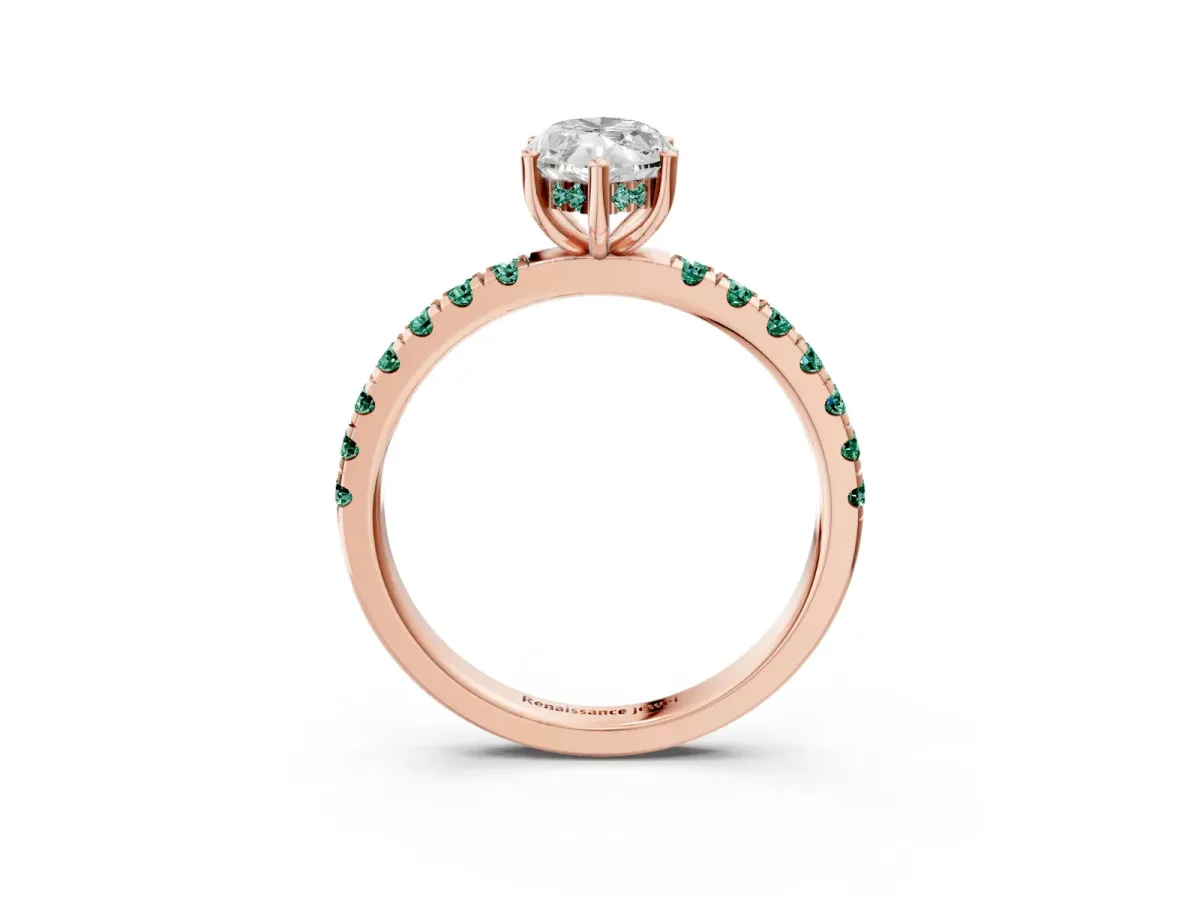 Marquise Cut Diamond Pave Band Solitaire Ring with Round Green Sapphire and Prong Setting Rose gold