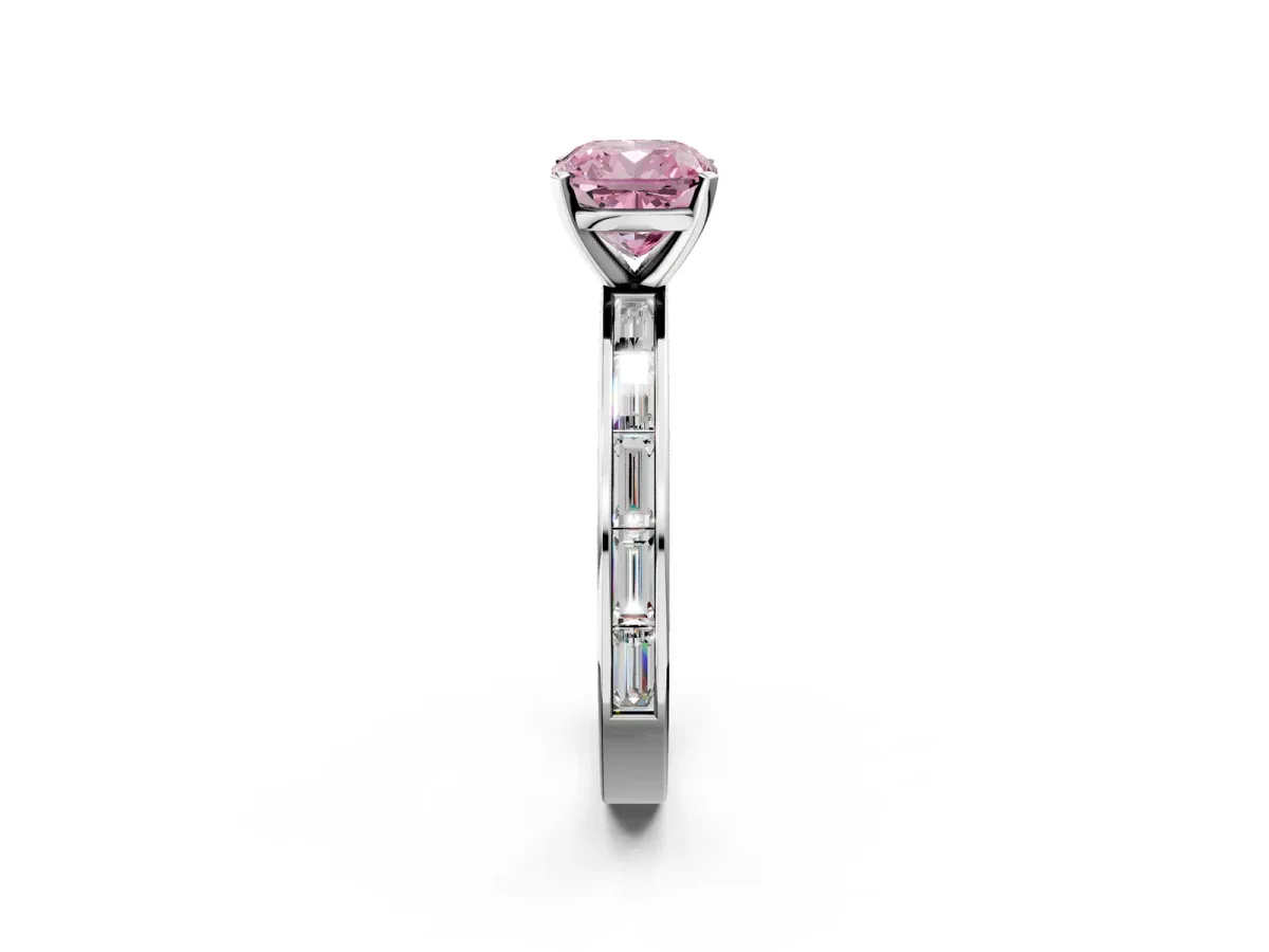 Fancy Pink Cushion Cut Solitaire Diamond Ring with Channel-Set Baguette Band and Four-Prong Setting White gold