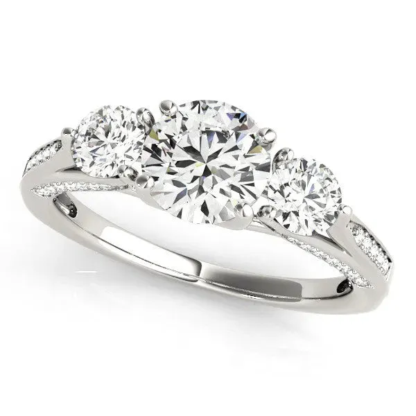 Round Cut Brilliant Three-Stone Engagement Ring with Split Shank and Prong Setting Silver