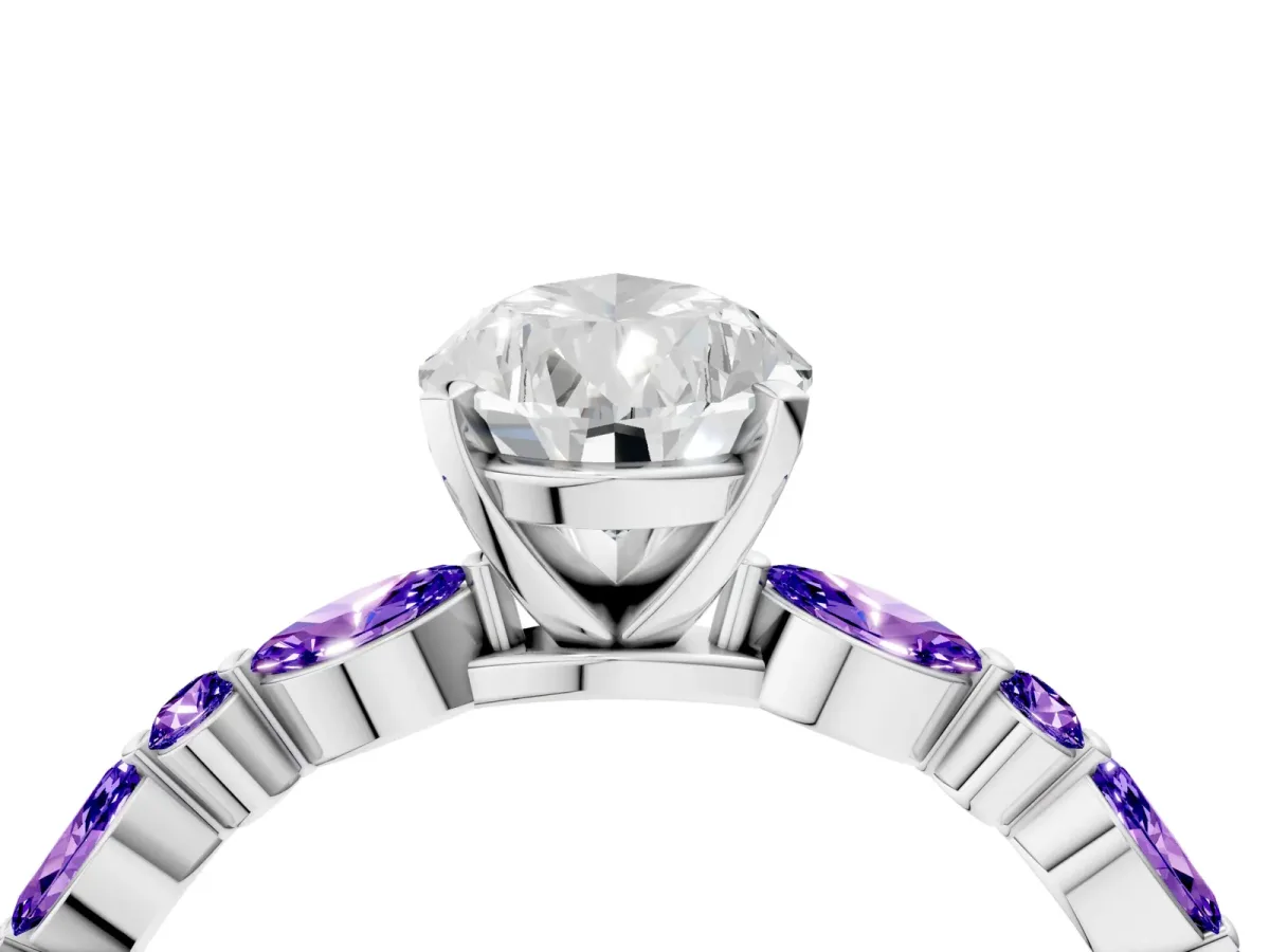 Pear Cut Diamond Ring with Marquise and Round Tanzanite Side Stones and Four-Prong Setting White gold