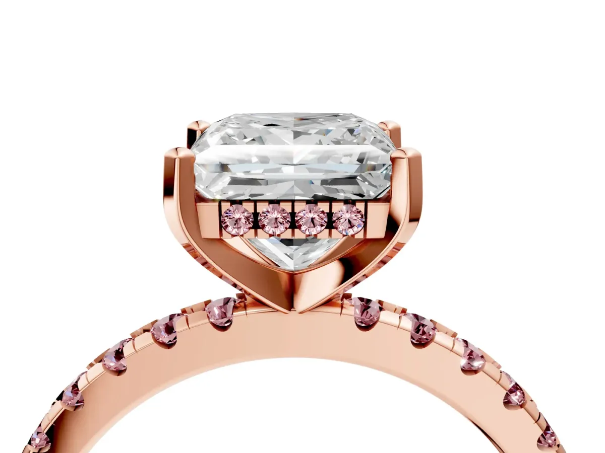 Princess Cut Diamond Solitaire Ring with Round Morganite Pavé Band and Four-Prong Setting Rose gold