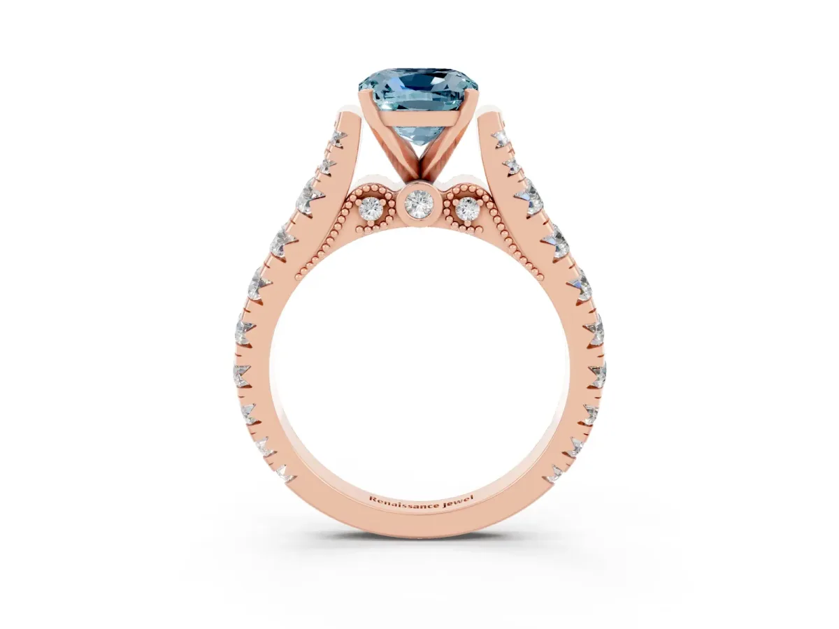 Cushion Cut Aquamarine Classic Solitaire Ring with Pavé Band and Four-Prong Setting Rose gold