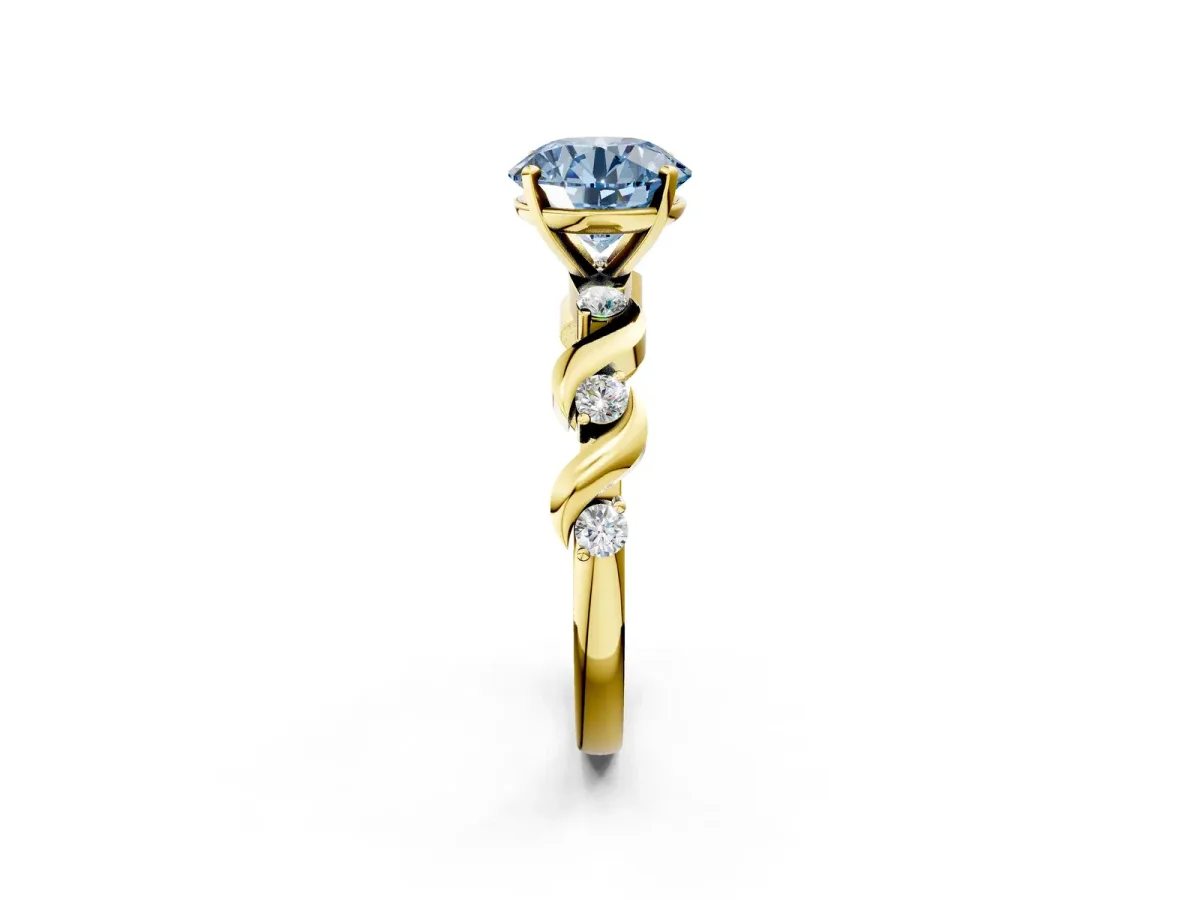Fancy Blue Round Cut Diamond Solitaire Twisted Band with Round Accents and Prong Setting Yellow gold