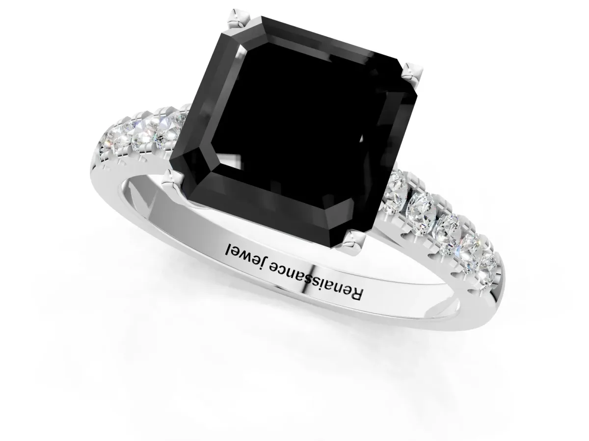 Fancy Black Asscher Cut Diamond Pavé Band Solitaire Ring with Prong Setting Platinum