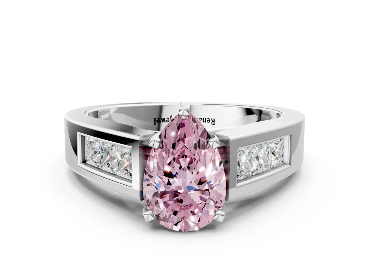 Fancy Pink Pear Cut Cut Channel Set Solitaire Ring with Four-Prong Setting Platinum