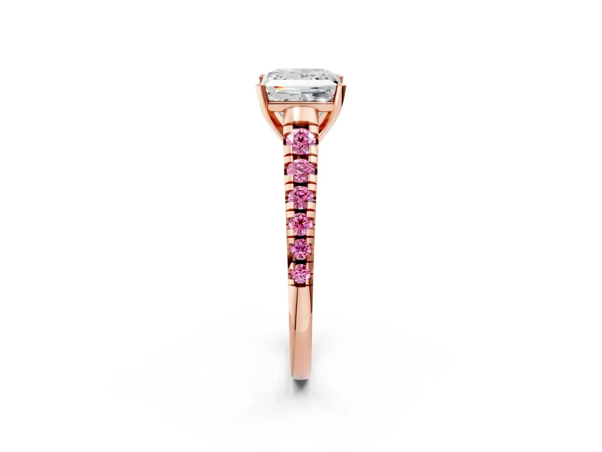 Princess Cut Diamond Cathedral Solitaire Ring with Round Pink Sapphire Pavé Band Rose gold