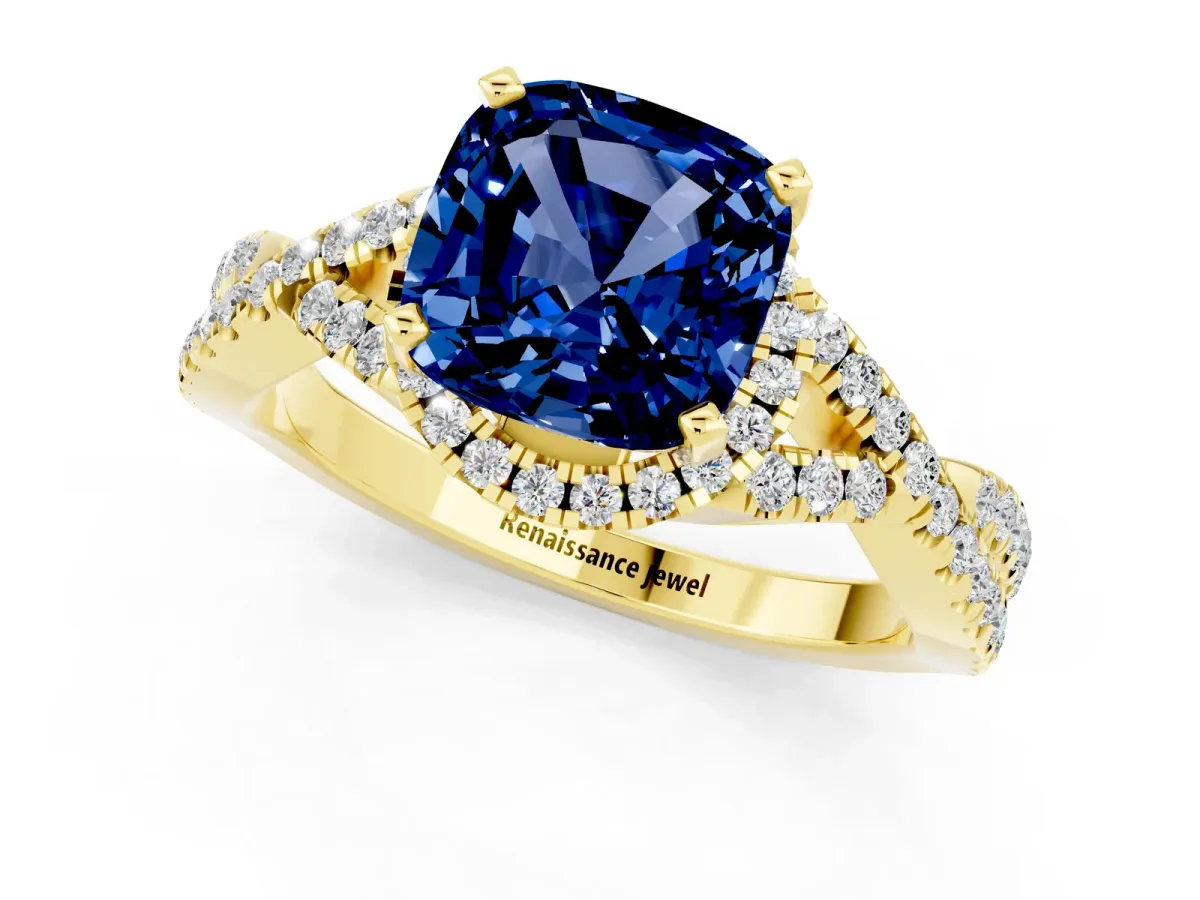 Cushion Cut Blue Sapphire Halo Twist Band Solitaire Prong Setting Ring Yellow gold