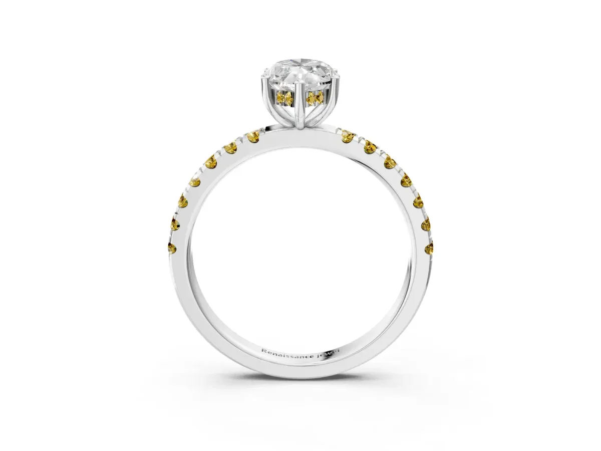 Marquise Cut Diamond Pave Band Solitaire Ring with Round Yellow Sapphire and Prong Setting White gold