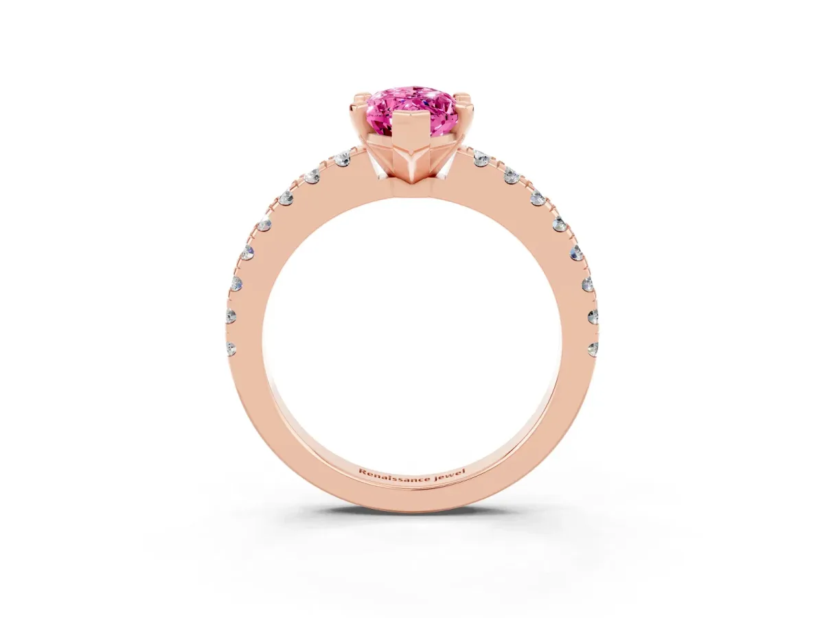 Marquise Cut Solitaire Pink Sapphire with Pavé Band and Four-Prong Setting Rose gold