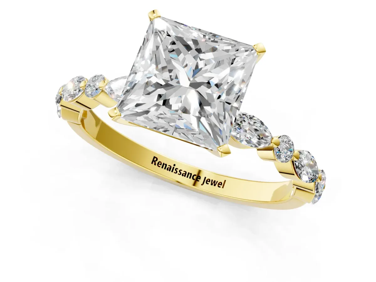 Princess Cut Diamond Ring with Marquise and Round Side Stones and Four-Prong Setting Yellow gold