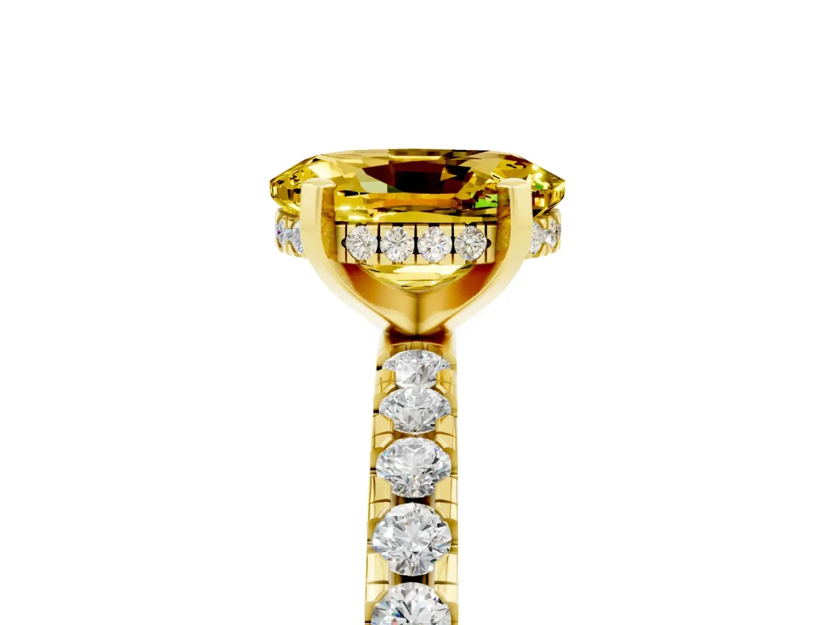 Oval Cut Yellow Sapphire Solitaire Ring with Round Pavé Band and Four-Prong Setting Yellow gold