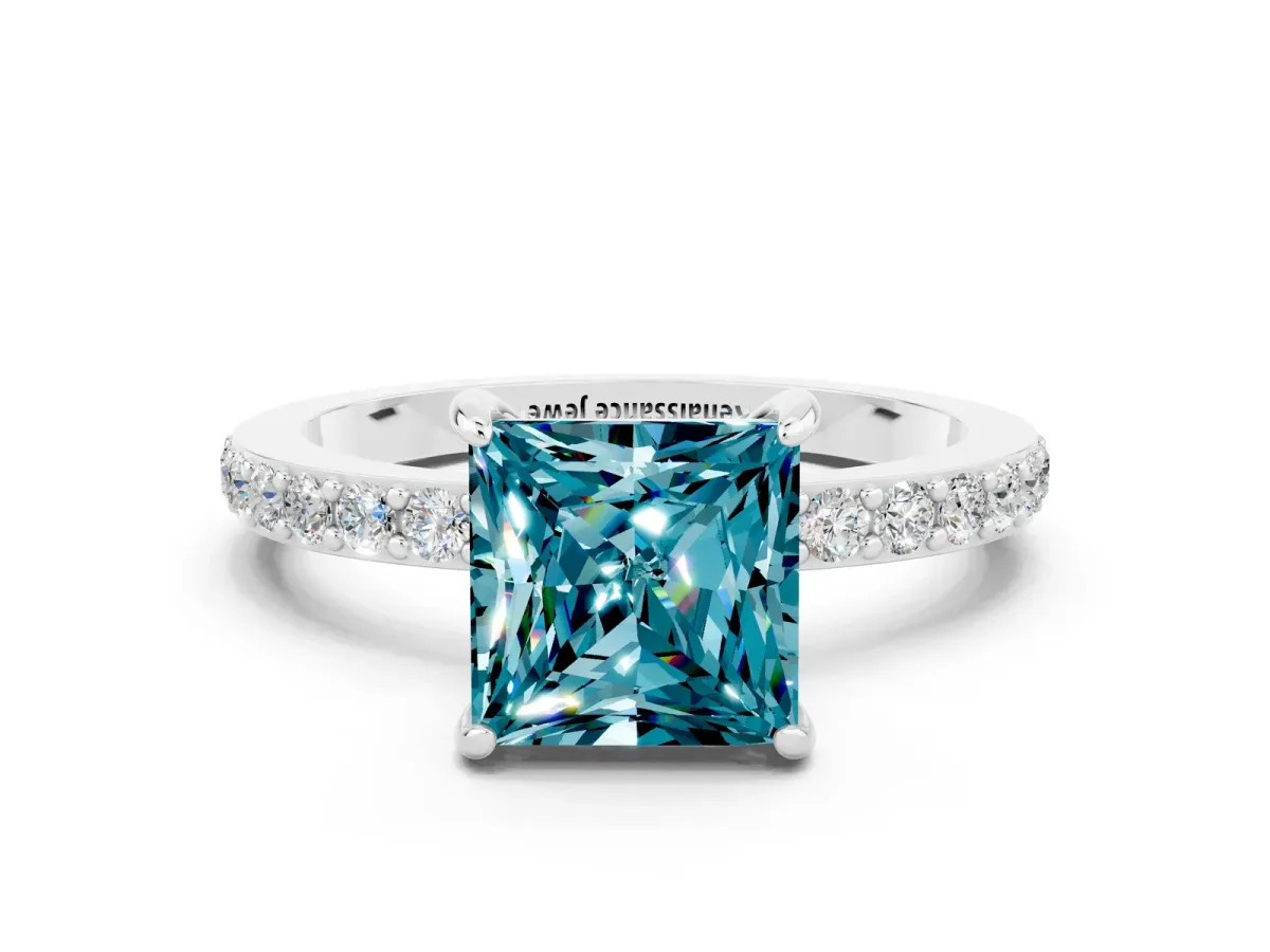 Princess Cut Blue Topaz Solitaire Engagement Ring with Pavé Band and Four-Prong Setting White gold
