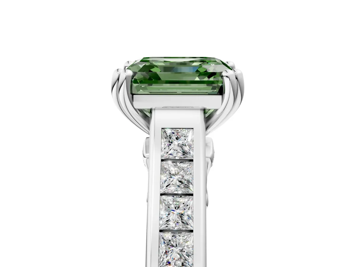 Fancy Green Asscher Cut Cut Channel Set Solitaire Engagement Ring with Prong Setting Platinum