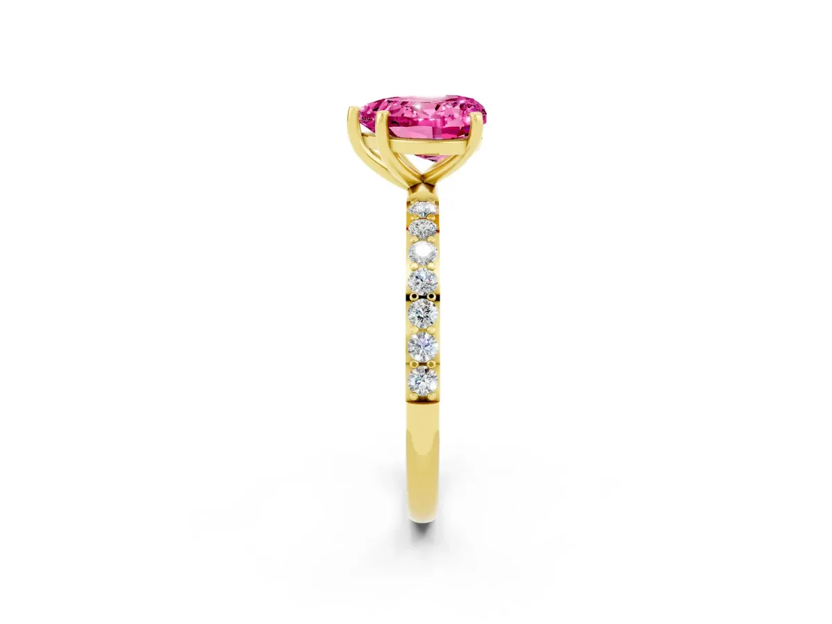 Heart Cut Pink Sapphire Solitaire Ring with Round Pavé Band and Prong Setting Yellow gold