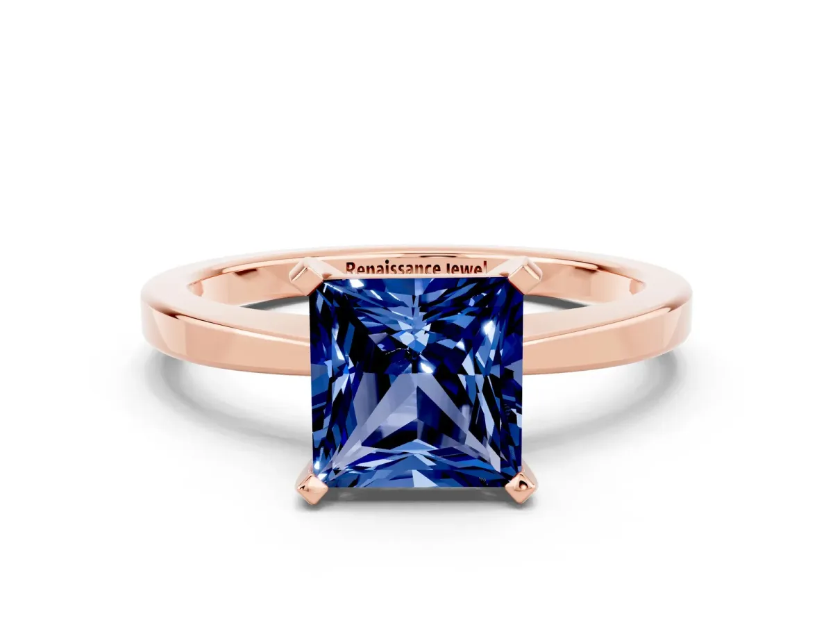 Princess Cut Blue Sapphire Solitaire Engagement Ring with Classic Band and Four-Prong Setting Rose gold