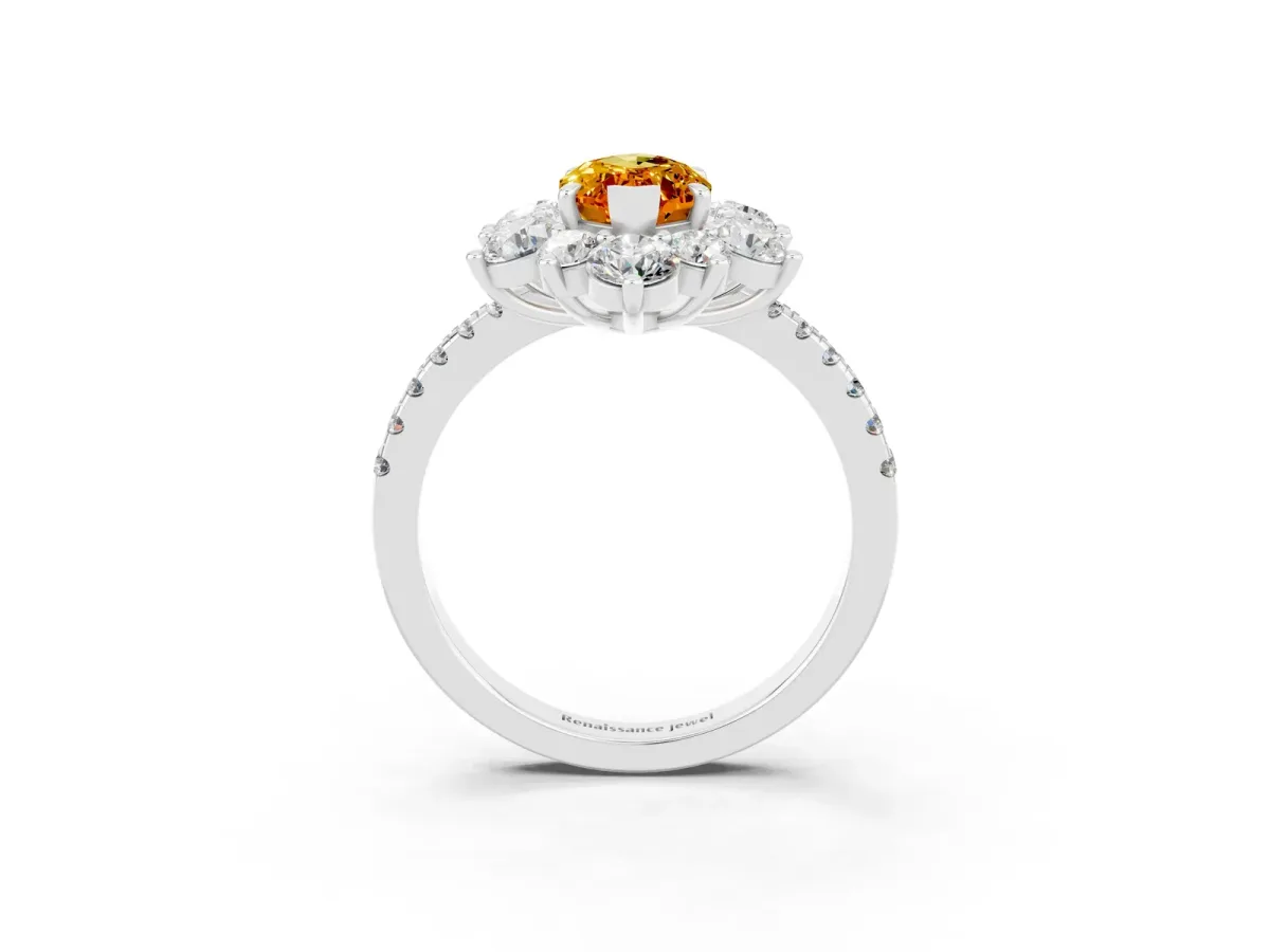 Marquise Cut Citrine Floral Halo Ring with Round Pavé Band and Prong Setting Platinum