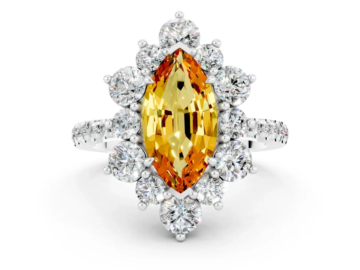 Marquise Cut Citrine Floral Halo Ring with Round Pavé Band and Prong Setting Platinum