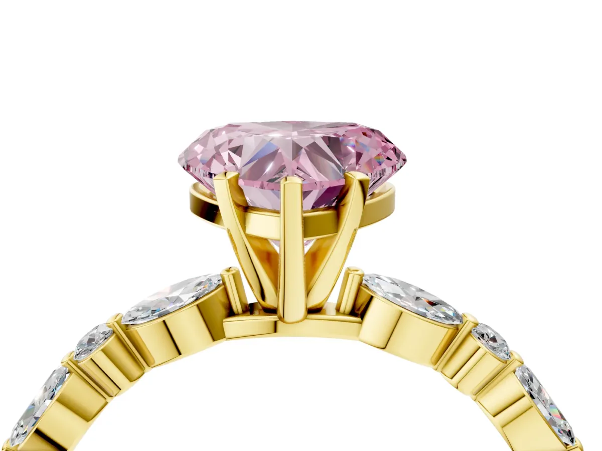 Fancy Pink Heart Cut Diamond Ring with Marquise and Round Side Stones and Four-Prong Setting Yellow gold