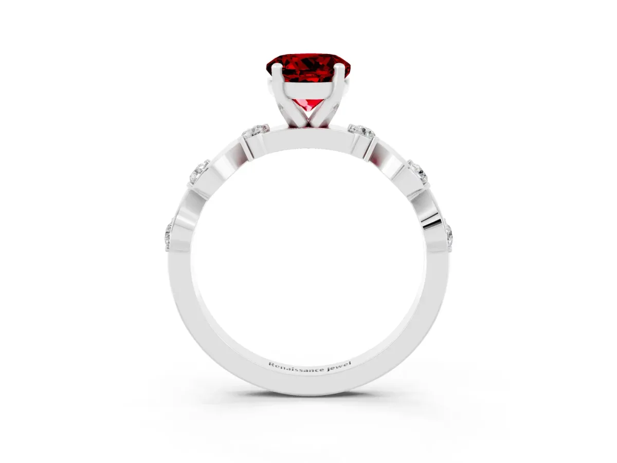 Round Cut Ruby Solitaire Twisted Band with Round Accents and Prong Setting Platinum