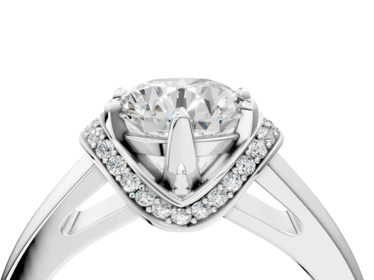 Round Cut Solitaire Diamond Ring with Pave Band and Six-Prong Setting Silver