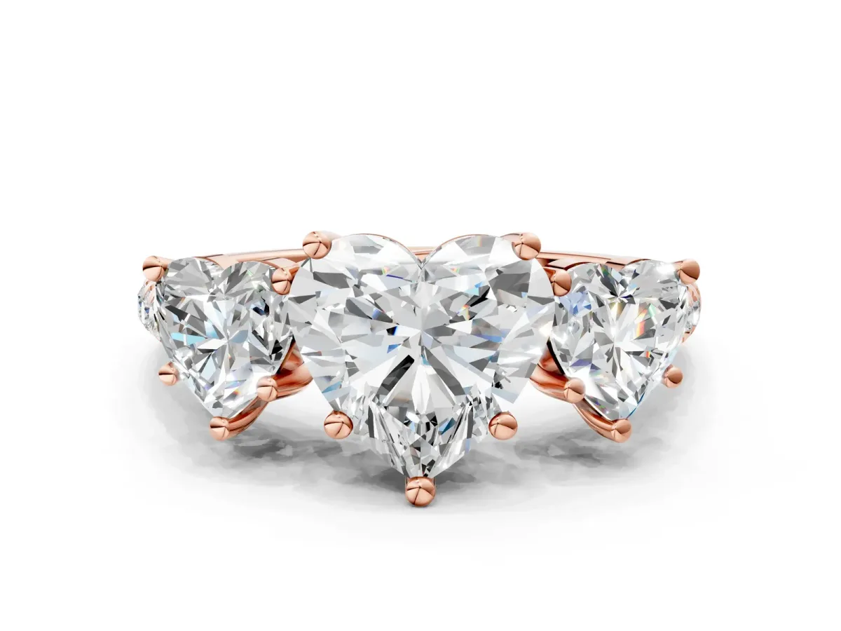 Three-Stone Heart Cut Diamond Ring with Round Moissanite Pavé Band and Prong Setting Rose gold