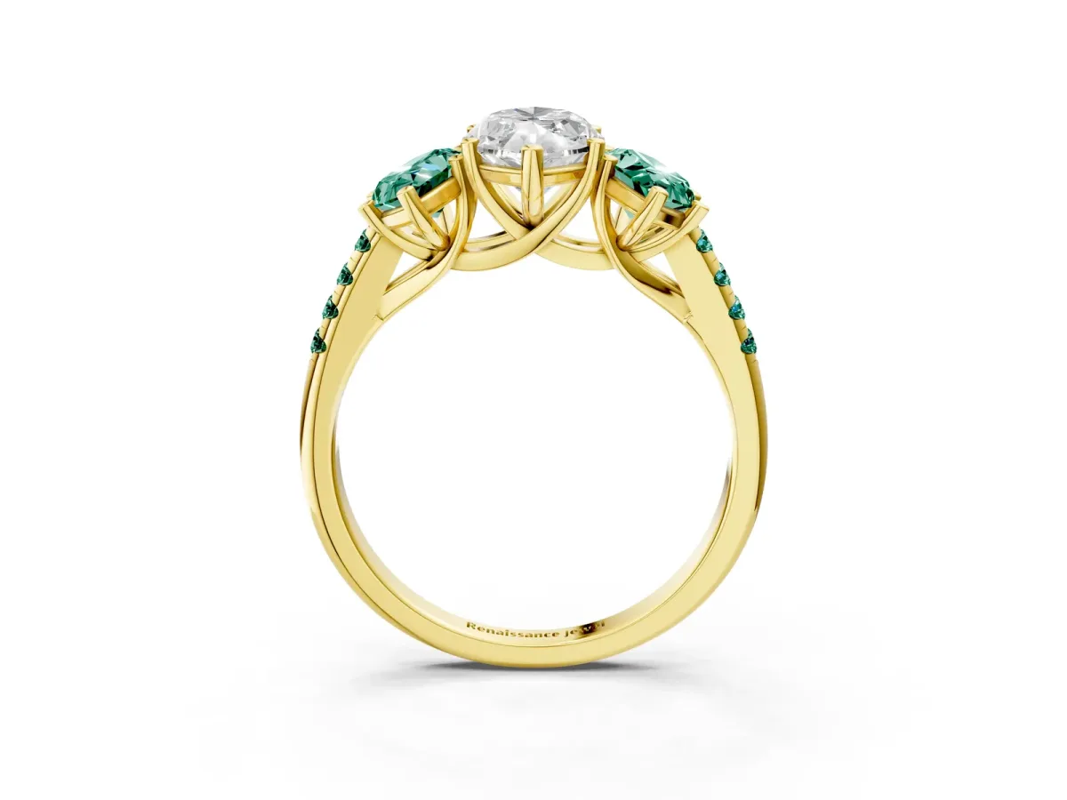 Three-Stone Marquise Cut Diamond Ring with Round Green Sapphire Pavé Band and Prong Setting Yellow gold