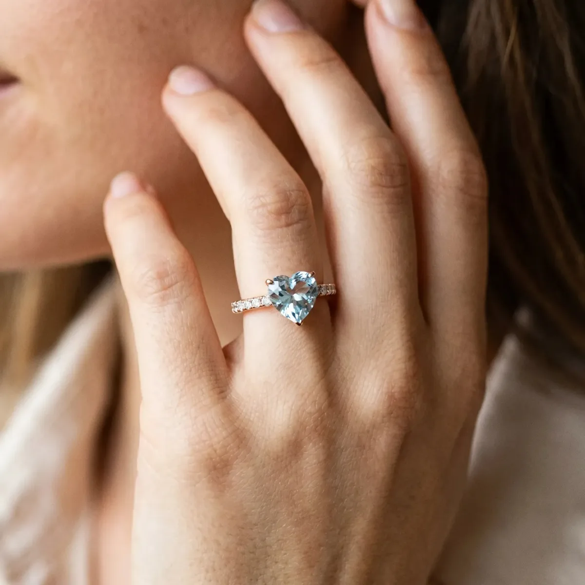 Heart Cut Aquamarine Solitaire Ring with Round Pavé Band and Four-Prong Setting Rose gold