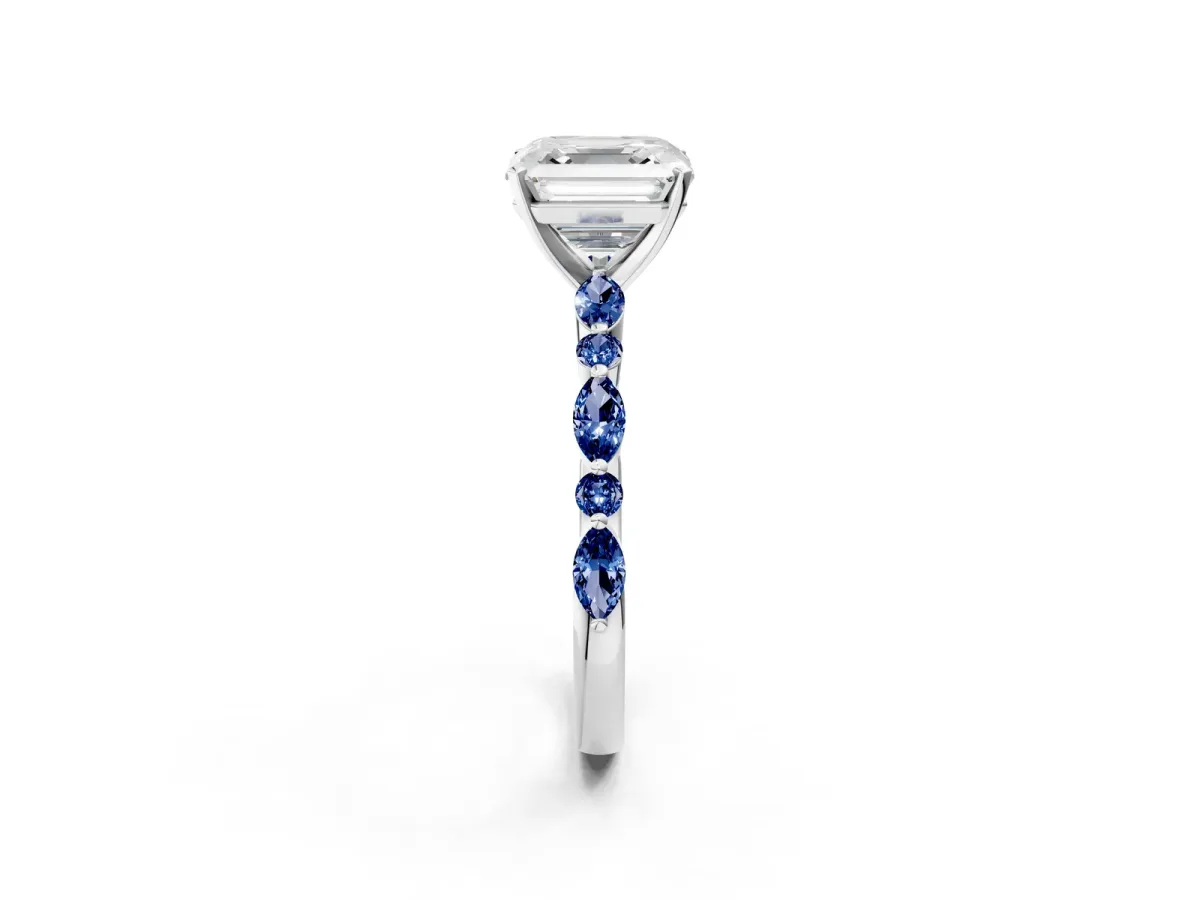Asscher Cut Diamond Ring with Marquise and Round Blue Sapphire Side Stones and Four-Prong Setting White gold