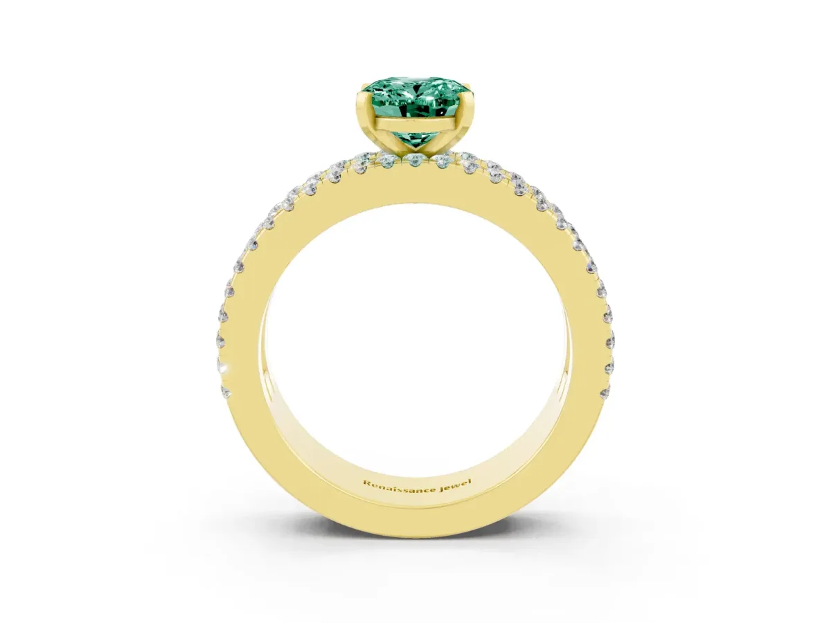 Oval Cut Green Sapphire Solitaire Ring with Pavé and Channel Set Band Yellow gold