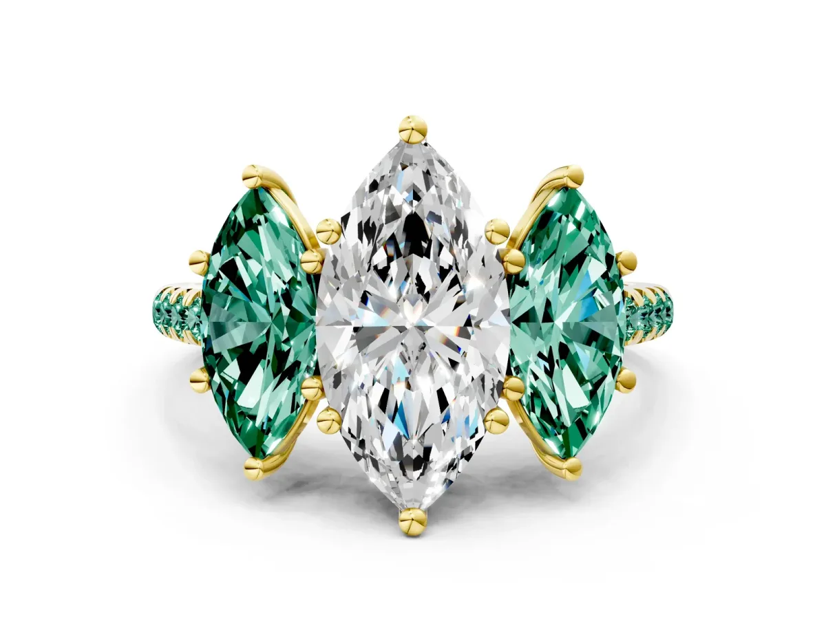 Three-Stone Marquise Cut Diamond Ring with Round Green Sapphire Pavé Band and Prong Setting Yellow gold