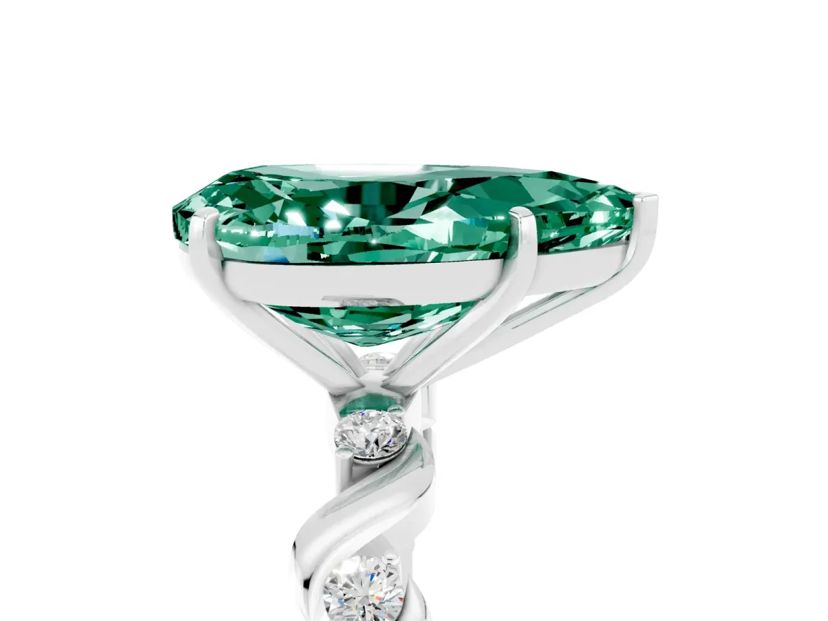 Pear Cut Green Sapphire Solitaire Twisted Band with Round Accents and Prong Setting White gold
