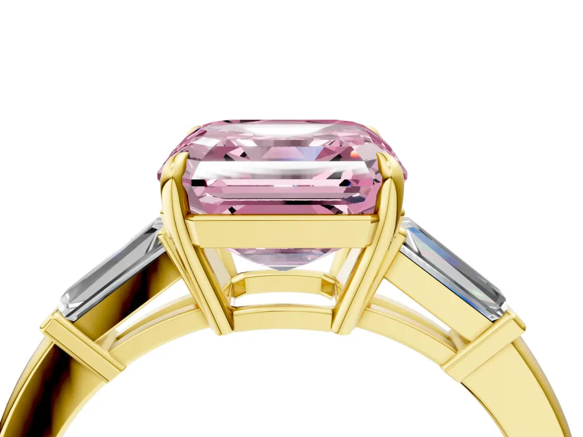 Fancy Pink Asscher Cut Diamond Three-Stone Ring with Tapered Baguette Side Stones and Prong Setting Yellow gold