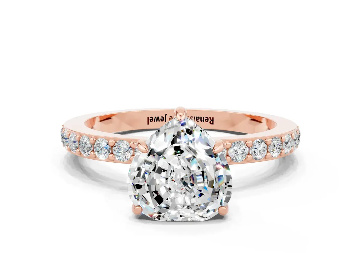 Heart Cut Moissanite Solitaire Engagement Ring with Pavé Band and Four-Prong Setting Rose gold
