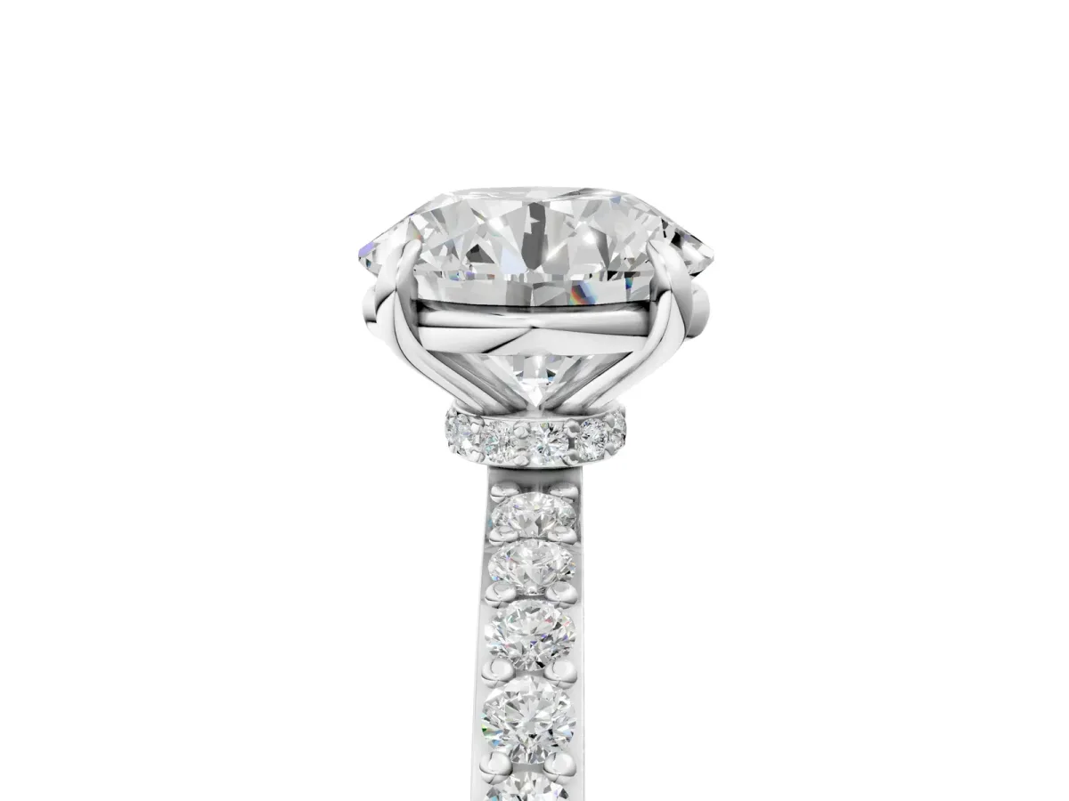 Round Cut Diamond Pavé Engagement Ring with Round Tanzanite Accents and Prong Setting White gold