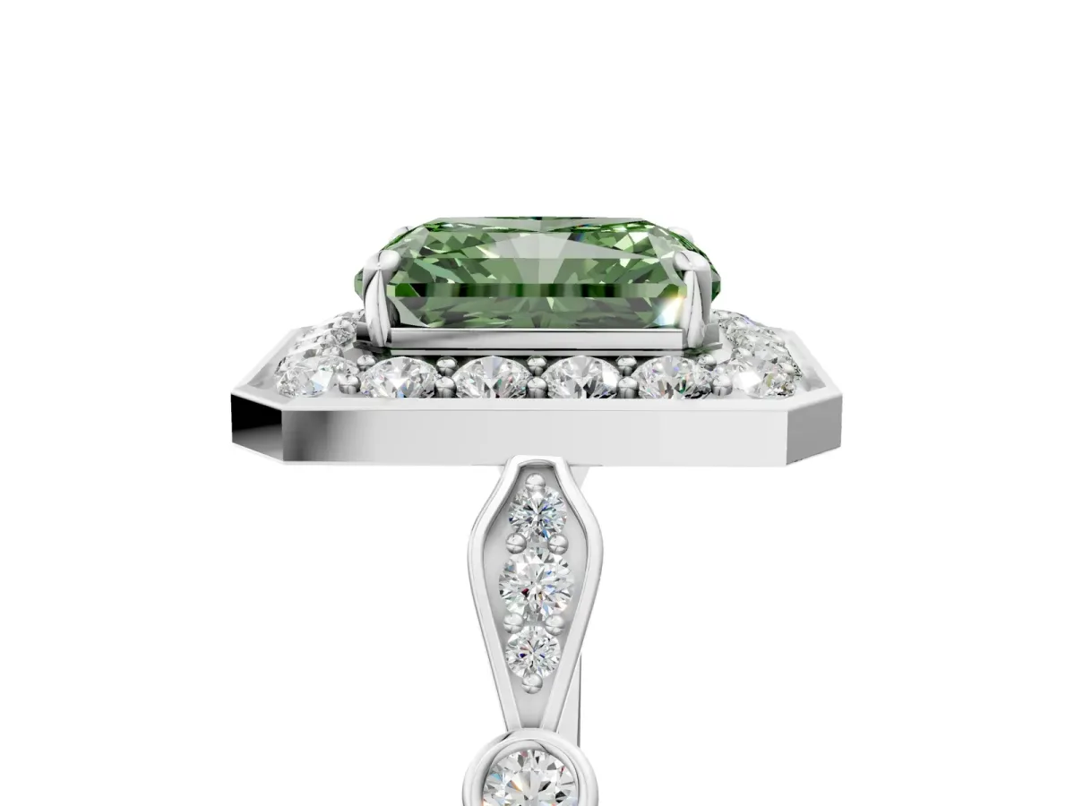 Fancy Green Radiant Cut Halo Diamond Engagement Ring with Twisted Band and Four-Prong Setting Platinum
