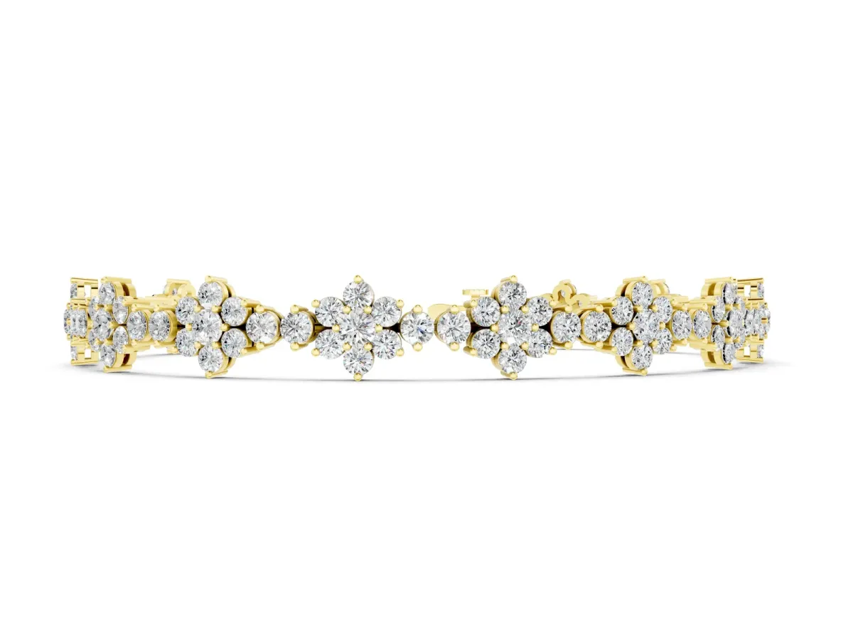 Round Diamond Floral Cluster Tennis Bracelet with Prong Setting Yellow gold