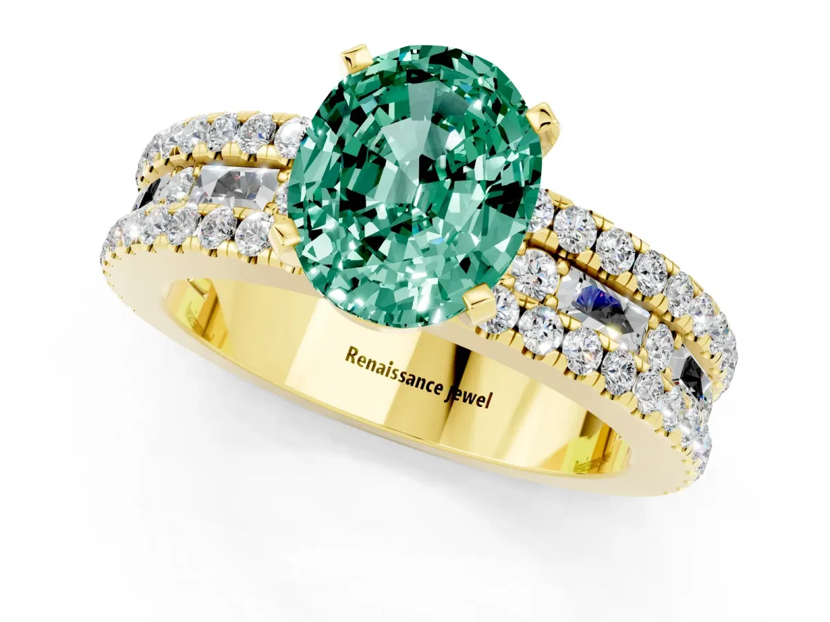 Oval Cut Green Sapphire Solitaire Ring with Pavé and Channel Set Band Yellow gold